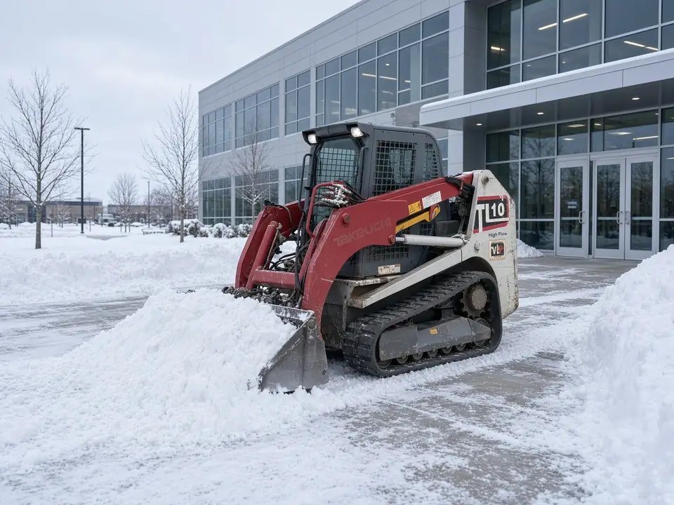 Track loader clearing snow outside an office building